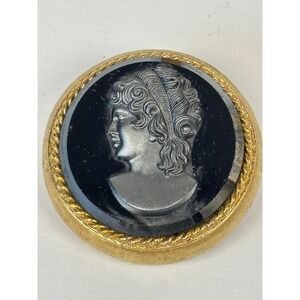 Signed Capri Vintage Black Hematite Glass Cameo Brooch Pin Gold tone Frame